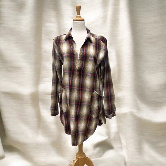 CP Shades Tops - CP Shades Teton Tunic Shirt Sz S Brown Red Plaid Cotton Oversized Lagenlook
